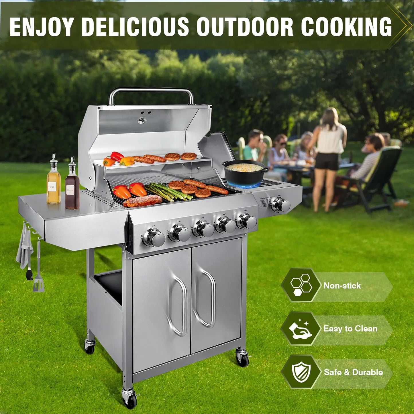 BestFire 68000 BTU 5 Burner Propane Grill Stainless Steel Grates