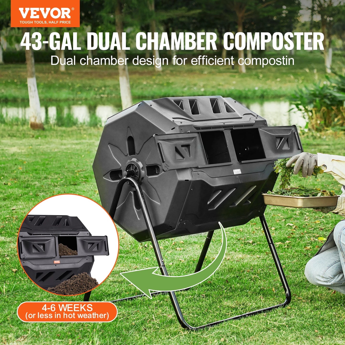 Dual Chamber Tumbling Composter BPA Free for Garden and Kitchen Waste