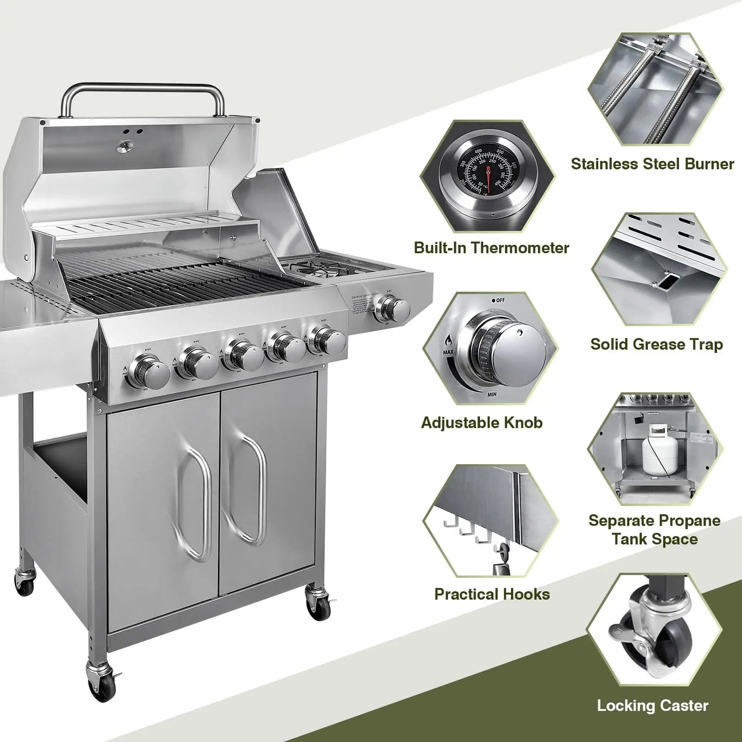 BestFire 68000 BTU 5 Burner Propane Grill Stainless Steel Grates