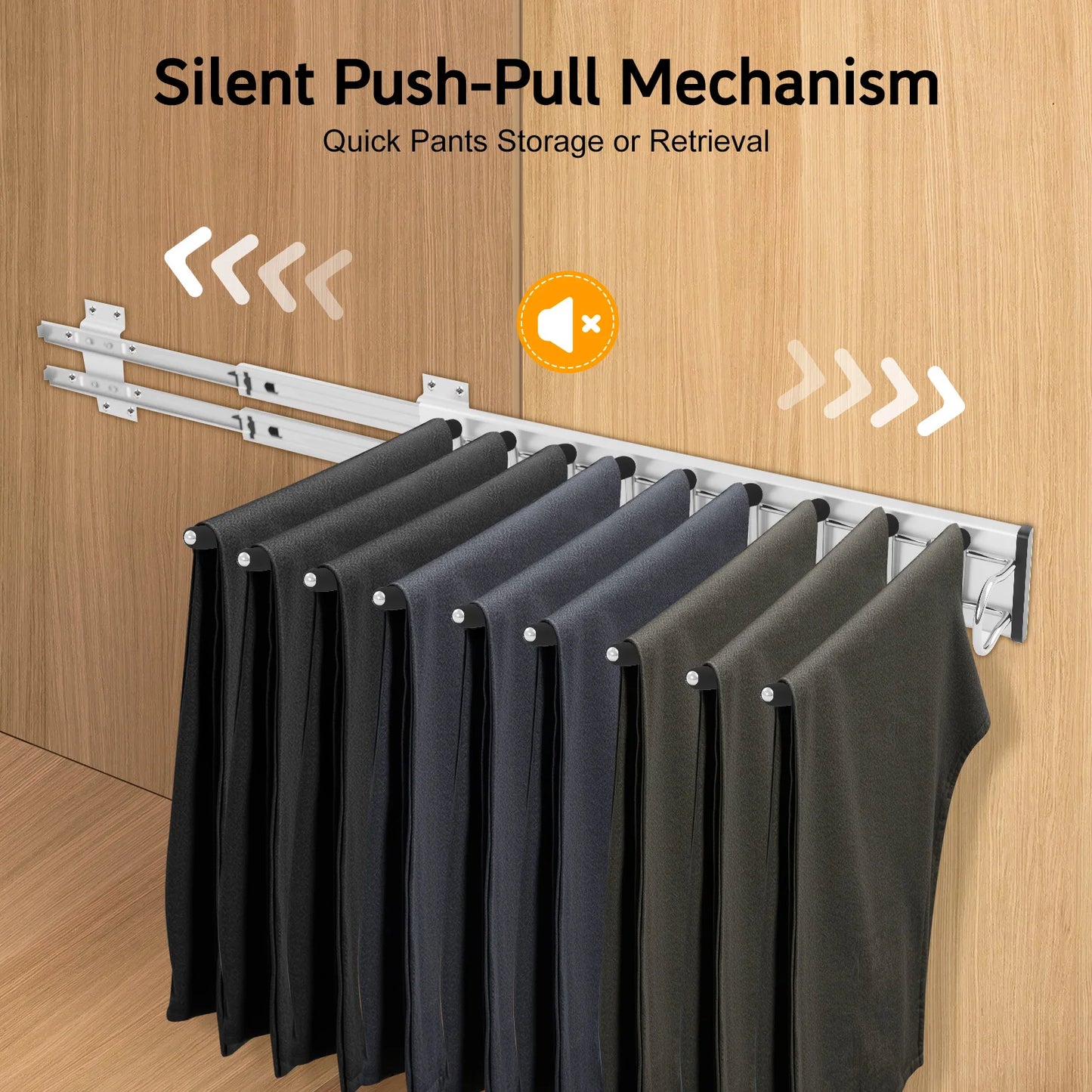 9-Rod Wall Mount Pants Rack With Silent Push-Pull Rails