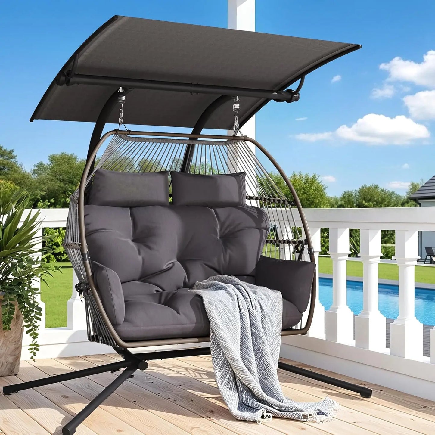Double Egg Outdoor Swing Chair With Adjustable Canopy