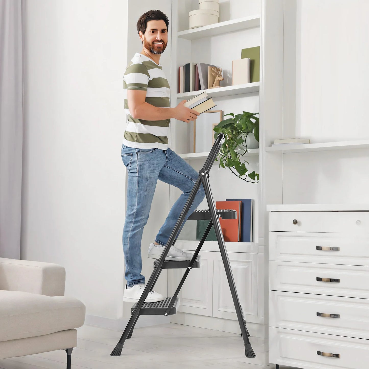 JHK Folding Step Ladder Stool With Anti Slip Pedals