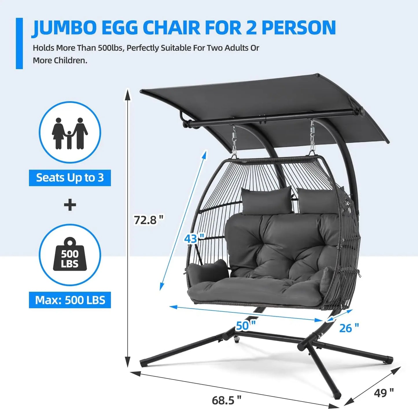 Double Egg Outdoor Swing Chair With Adjustable Canopy