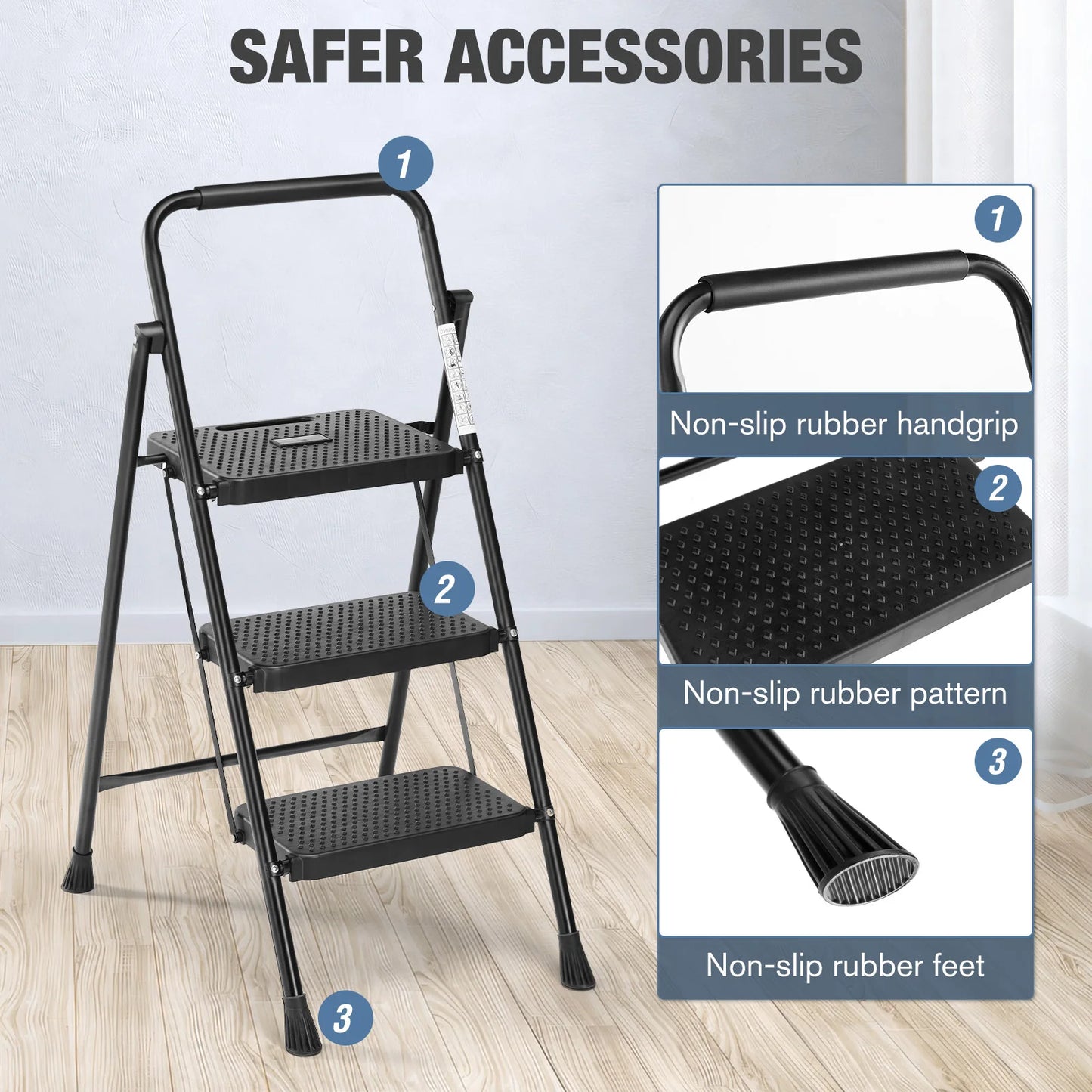 JHK Folding Step Ladder Stool With Anti Slip Pedals
