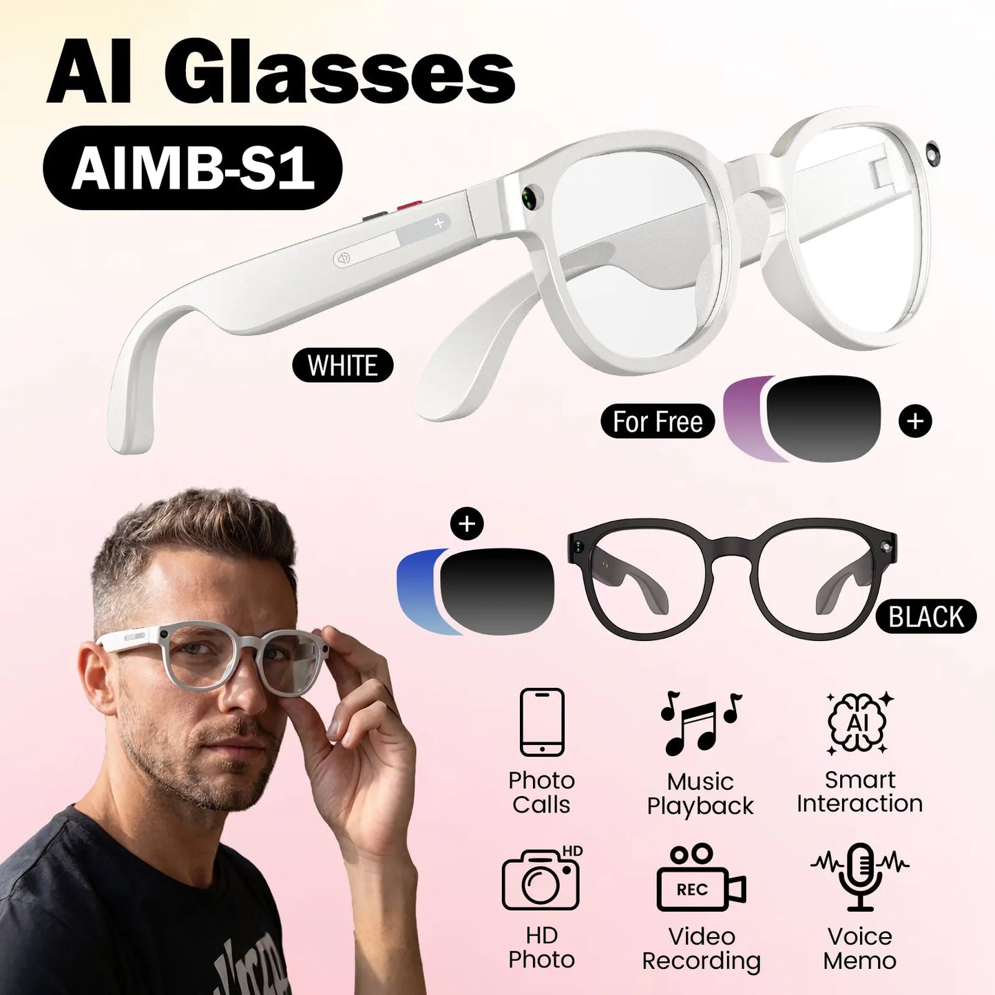 AI Glasses With Dual Cameras Video Wireless Long Battery Life S1