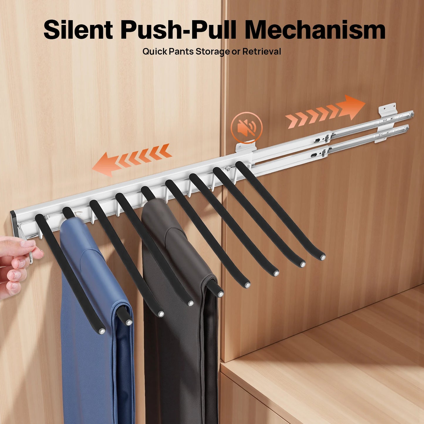 9-Rod Wall Mount Pants Rack With Silent Push-Pull Rails