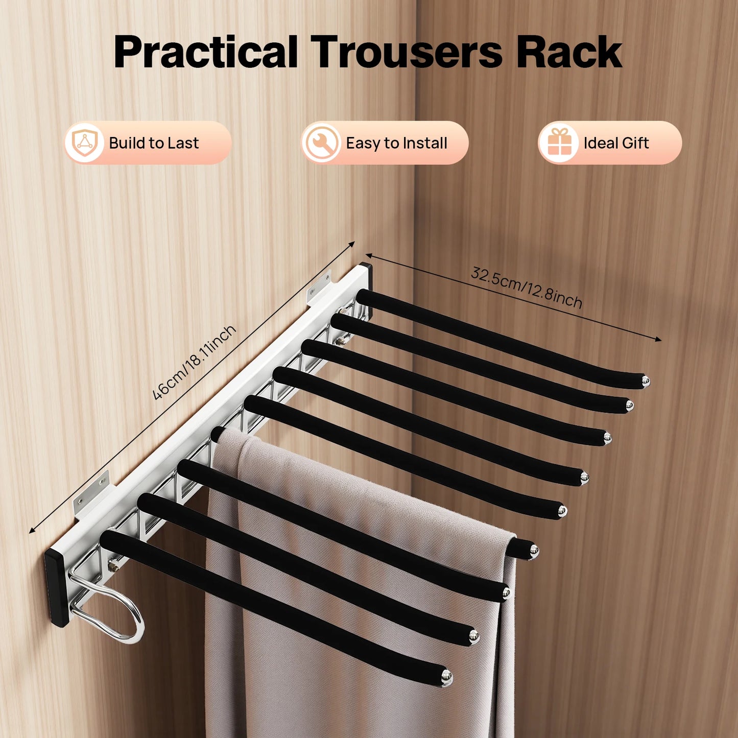 9-Rod Wall Mount Pants Rack With Silent Push-Pull Rails