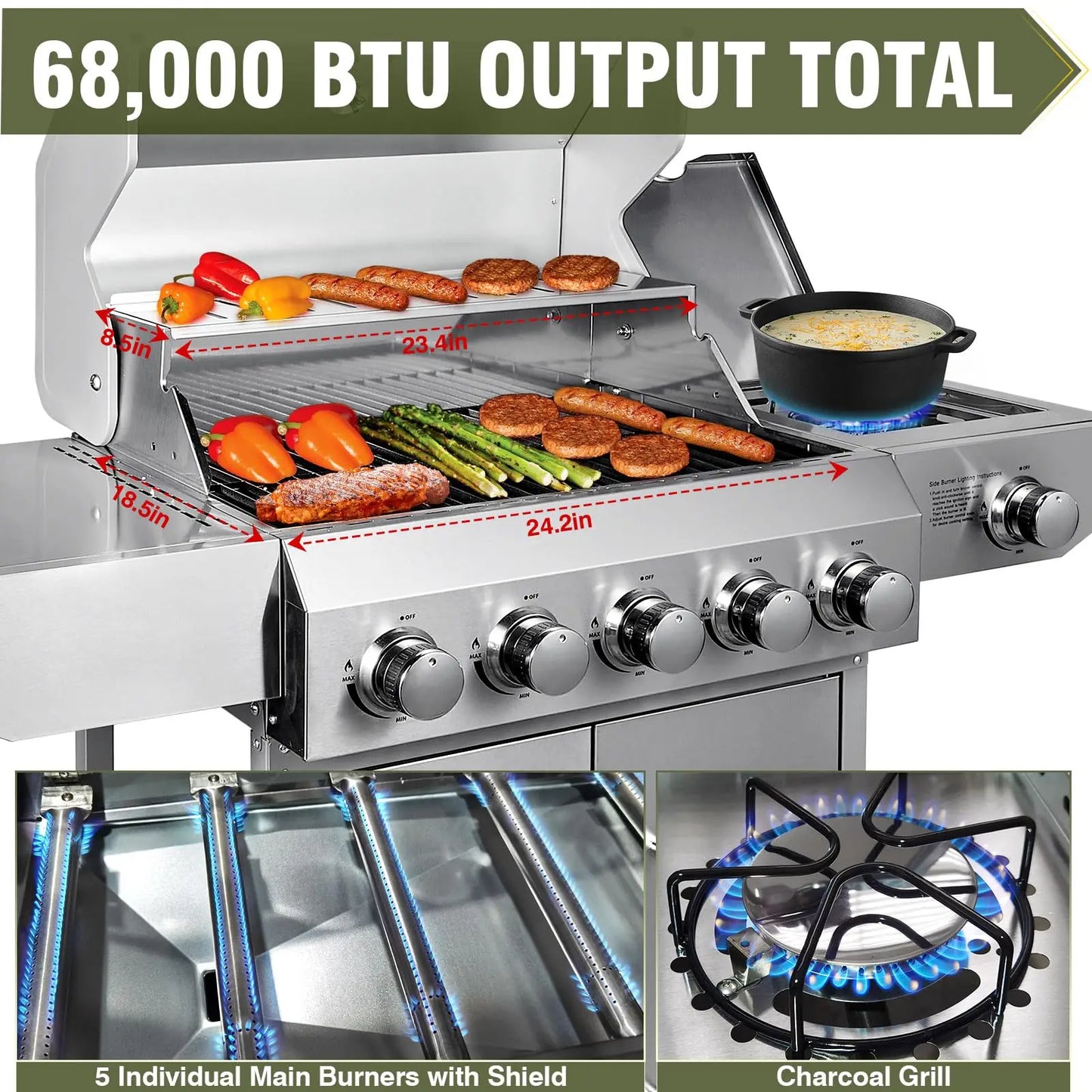 BestFire 68000 BTU 5 Burner Propane Grill Stainless Steel Grates