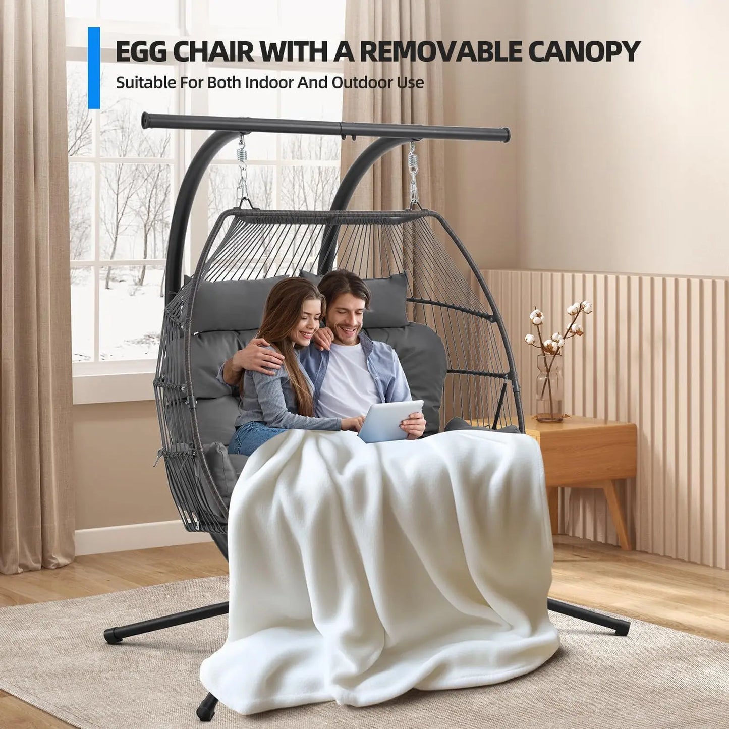 Double Egg Outdoor Swing Chair With Adjustable Canopy