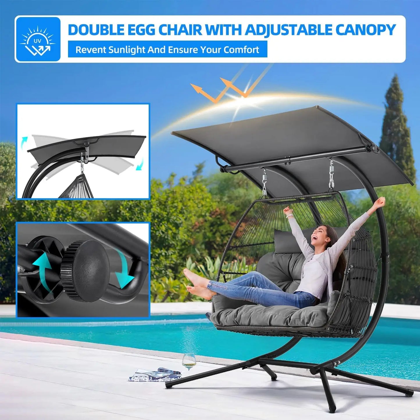Double Egg Outdoor Swing Chair With Adjustable Canopy