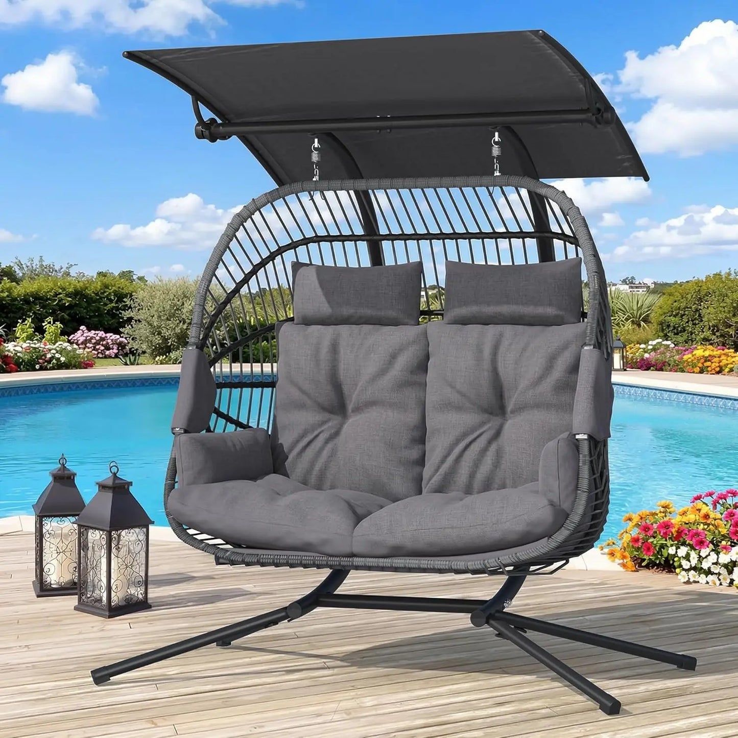 Double Egg Outdoor Swing Chair With Adjustable Canopy