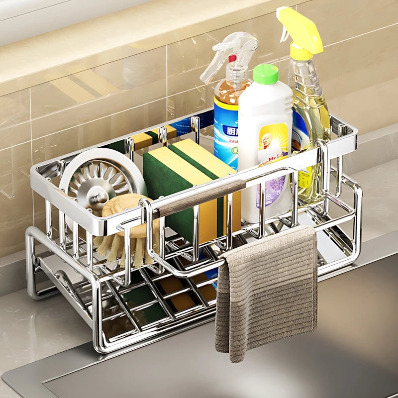 Stainless Steel Kitchen Sink Organizer Rack For Cleaning Supplies And Sponges